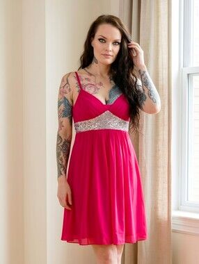 Byer California ✦ Red Chiffon Empire Waist Dress ✦ Sequin Band Spaghetti Straps